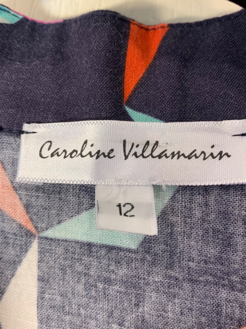 Caroline Villamarin Designer Geometric Wrap Dress Navy Retro Print Belted  12 - Picture 3 of 9